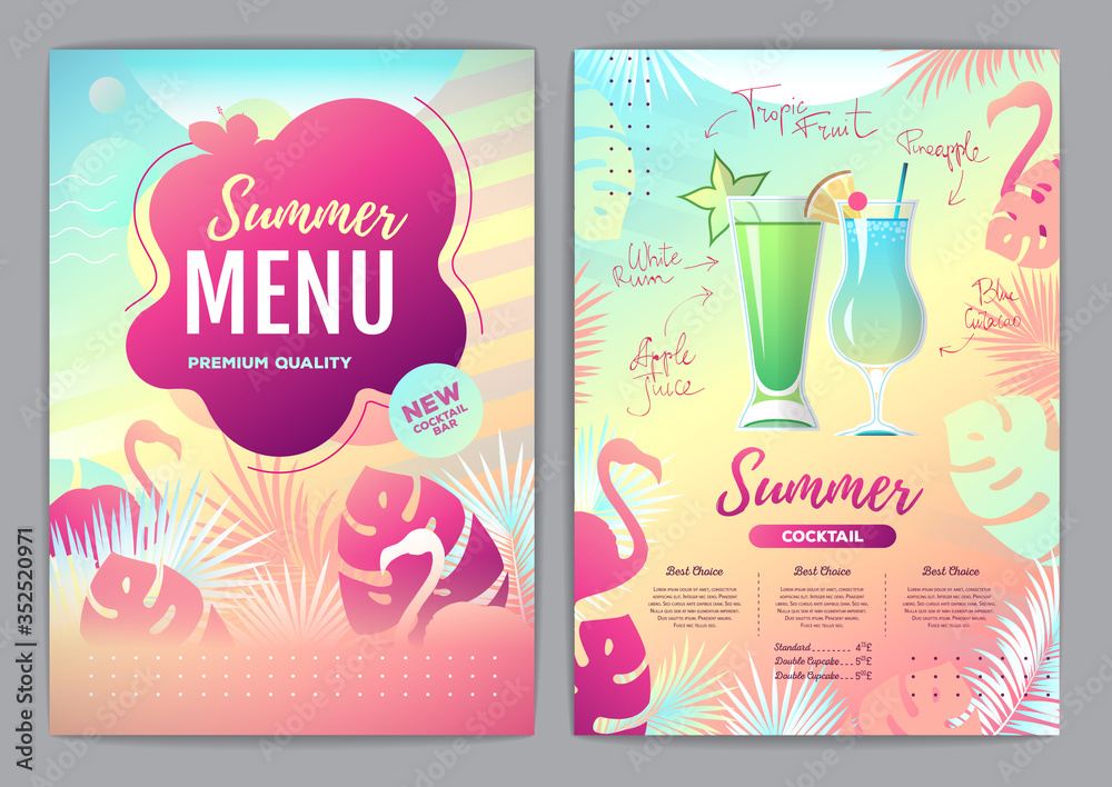 Naklejka premium Restaurant summer tropical gradient menu design with fluorescent tropic leaves and flamingo. Fast food menu