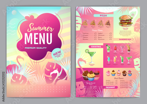 Restaurant summer tropical gradient menu design with fluorescent tropic leaves and flamingo. Fast food menu