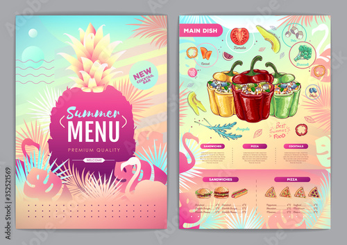 Restaurant summer tropical gradient menu design with fluorescent tropic leaves and flamingo. Fast food menu