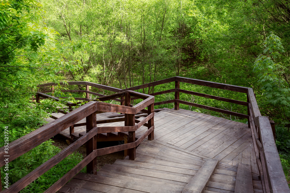 Beautiful wooden staircase that goes into the distance in the forest Park