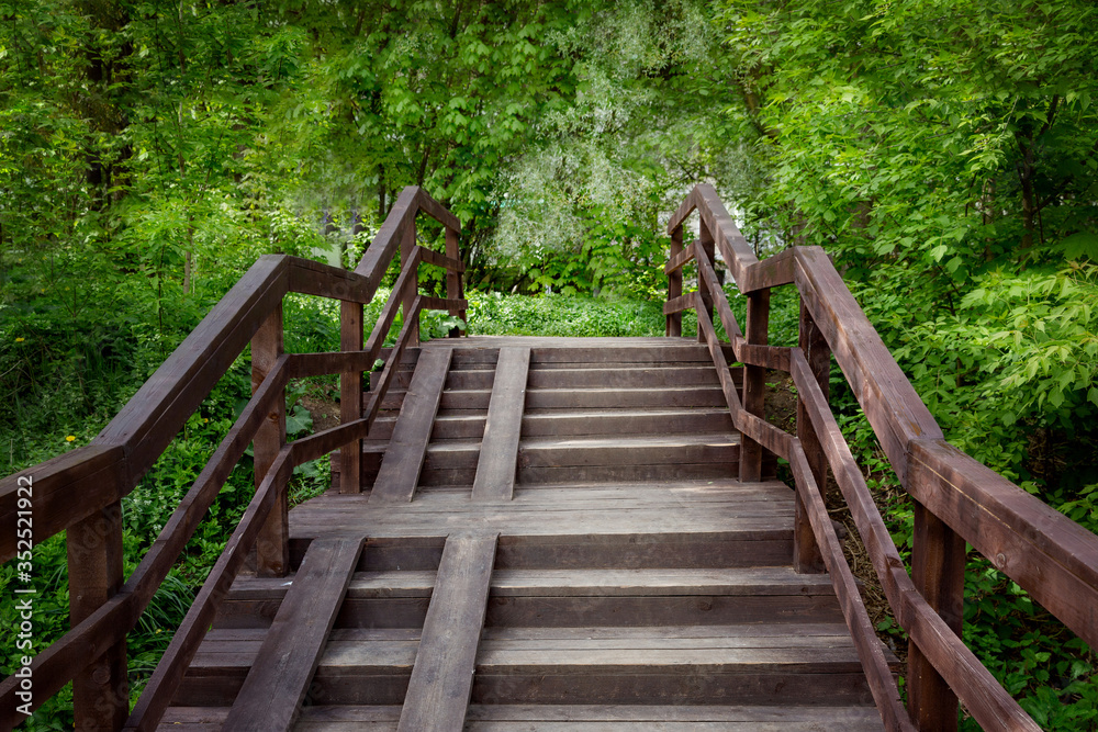 Beautiful wooden staircase that goes into the distance in the forest Park Beautiful wooden staircase that goes into the distance in the forest Park