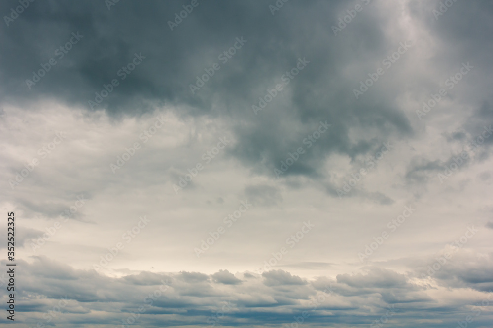 Dramatic sky with storm clouds before thunderstorm. Worsening weather on spring day. Stormy cloudscape background. Dense thunderclouds texture.