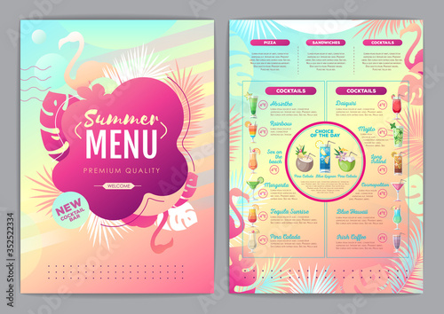 Restaurant summer tropical gradient cocktail menu design with fluorescent tropic leaves and flamingo.