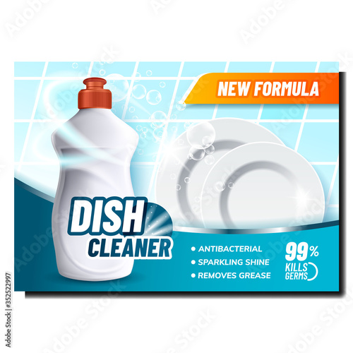 Dish Cleaner Bottle Advertising Poster Vector. Dish Washing Antibacterial Detergent Blank Container, Plates And Bubbles Bright Banner. Chemical Hygienic Liquid Color Concept Layout Illustration