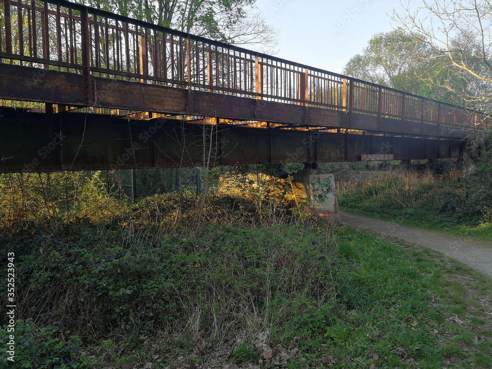 old rusty iron steel bridge and path and tres old rusty iron steel bridge and path and tres