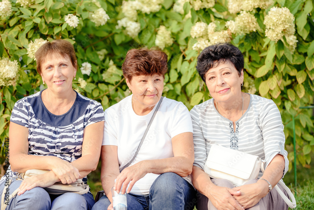Fototapeta premium Mature Female Friends Socializing In Backyard Together.