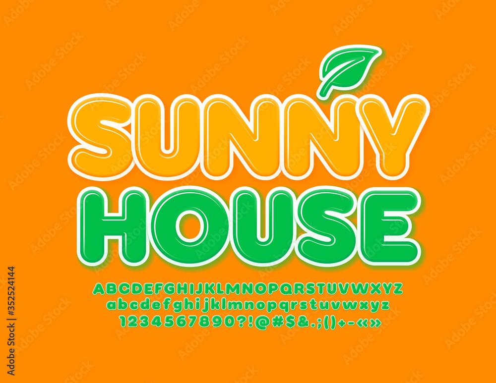 Fototapeta premium Vector modern emblem Sunny House with Green glossy Font. Bright Alphabet Letters and Numbers