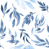 Watercolor leaves in navy blue. Seamless floral pattern