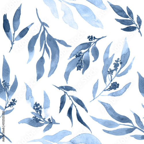 Watercolor leaves in navy blue. Seamless floral pattern