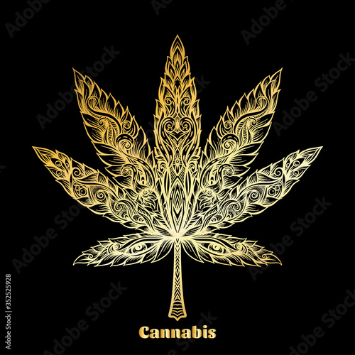 Cannabis leaf decorated with original modern pattern. Element for design. Vector illustration In decorative style. Ethnic patterned ornate hand drawn..