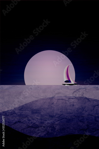 Illustration of Yacht sailing on Horizon at Sunset
