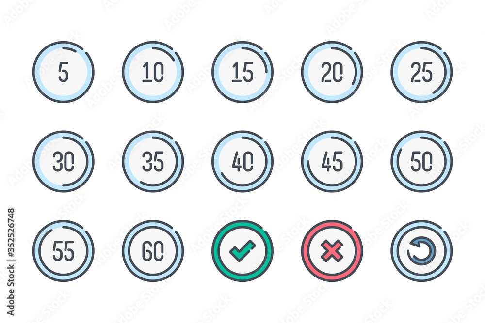 Countdown and Timepiece related color line icon set. Timer and Five Second Time Interval colorful linear icons. Stopwatch and Time Measurement flat color outline vector sign collection.