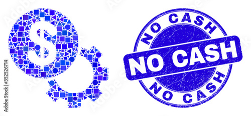 Geometric financial options gear mosaic pictogram and No Cash seal. Blue vector rounded textured seal with No Cash phrase. Abstract composition of financial options gear done of round, triangles,