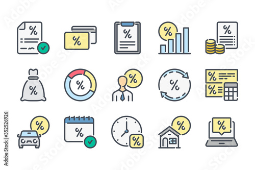 Loan and Credit related color line icon set. Lending and Investment colorful linear icons. Financial Interest and Investment flat color outline vector sign collection.