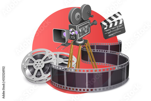 3D Vector Concept of Film Production Composition with Clapperboard, Filmstrip and Retro Camera, Cinematography and Filmmaking.