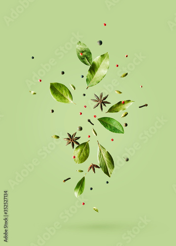 Creative mockup with flying various types of spices Bay leaf, red pepper, anise on green background with copy space.