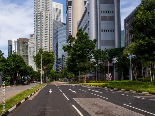 Quiet Singapore street with less tourists and cars during the city lockdown called"Circuit Breaker". © hit1912