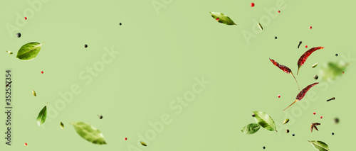 Creative mockup with flying various types of spices Bay leaf, red chili pepper, anise on green background with copy space. Long food banner with copy space.