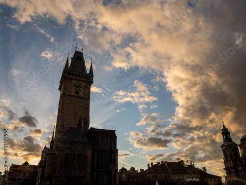 Oldtown square in Prague during sunset golden hour