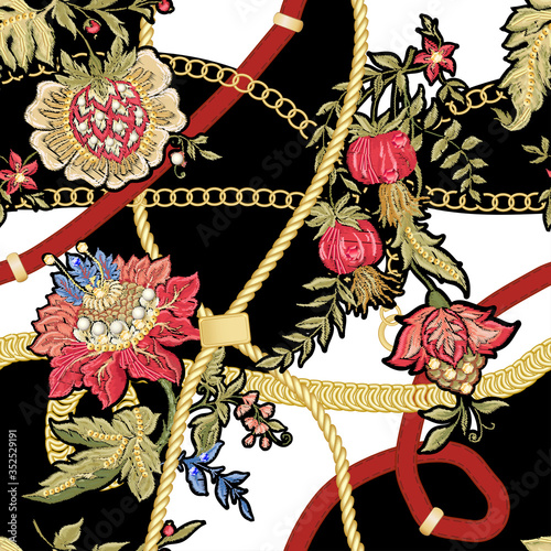 Fantasy flowers in retro, vintage, jacobean embroidery style with gold chains. Embroidery imitation with beads and sequins. Seamless pattern, background. Vector illustration