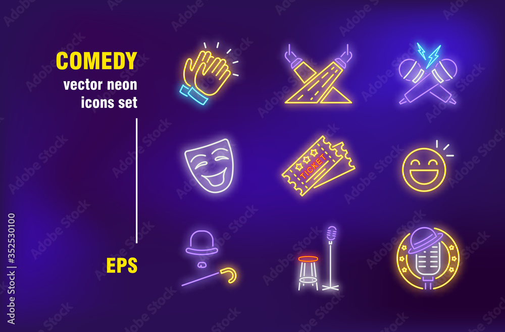 Comedy neon signs set. Standup, applause, stage, microphone battle ...