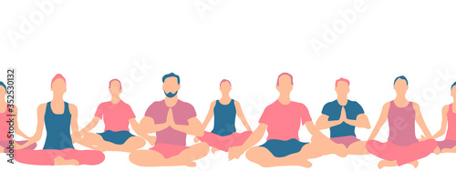 Yoga people sitting in lotus position side by side, horizontally seamless pattern. Repetitive vector illustration.