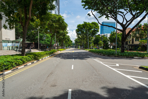 Quiet Singapore street with less tourists and cars during the city lockdown called"Circuit Breaker".