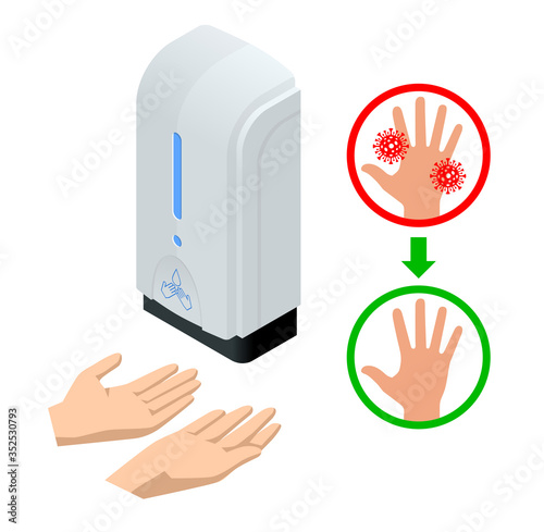 Isometric automatic alcohol hand sanitizer dispenser protection coronavirus Covid-19. Rubbing alcohol, wall mounted soap dispenser, wall hanging hand wash container Covid-19 spread prevention.