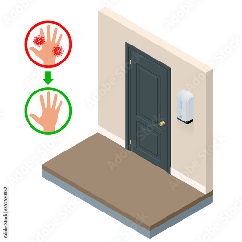 Isometric automatic alcohol hand sanitizer dispenser protection coronavirus Covid-19. Rubbing alcohol, wall mounted soap dispenser, wall hanging hand wash container Covid-19 spread prevention.