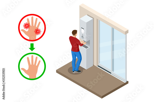 Isometric automatic alcohol hand sanitizer dispenser protection coronavirus Covid-19. Rubbing alcohol, wall mounted soap dispenser, wall hanging hand wash container Covid-19 spread prevention.