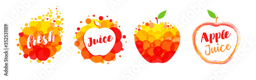 Fresh juice apple, papaya, orange, mango label splash set design. Orange and yellow drops bubbly logo on white background. Lime and lemon juice design, creative vector illustration