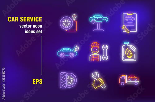 Car repair neon signs set. Garage, mechanic, tool, spanner, tire, tow truck. Night bright advertising. Vector illustration in neon style for roadside service billboard, banners, signboards