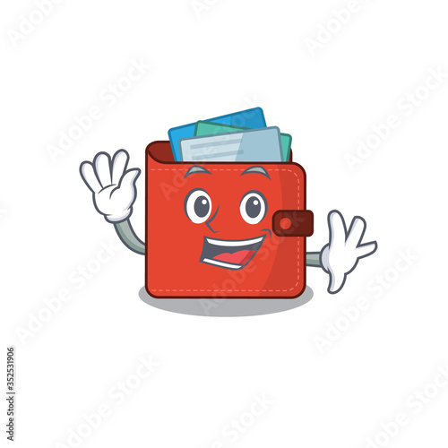 A charming card wallet mascot design style smiling and waving hand