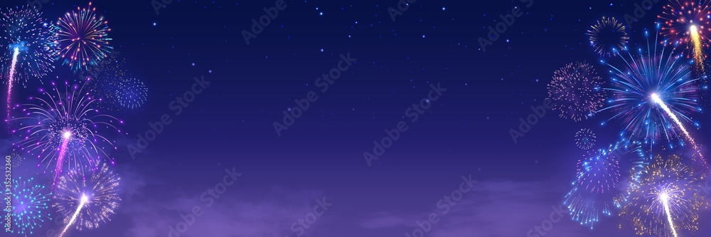Festival fireworks frame. Bright crackers lights in starry night sky, firework banner and traditional celebration background vector illustration