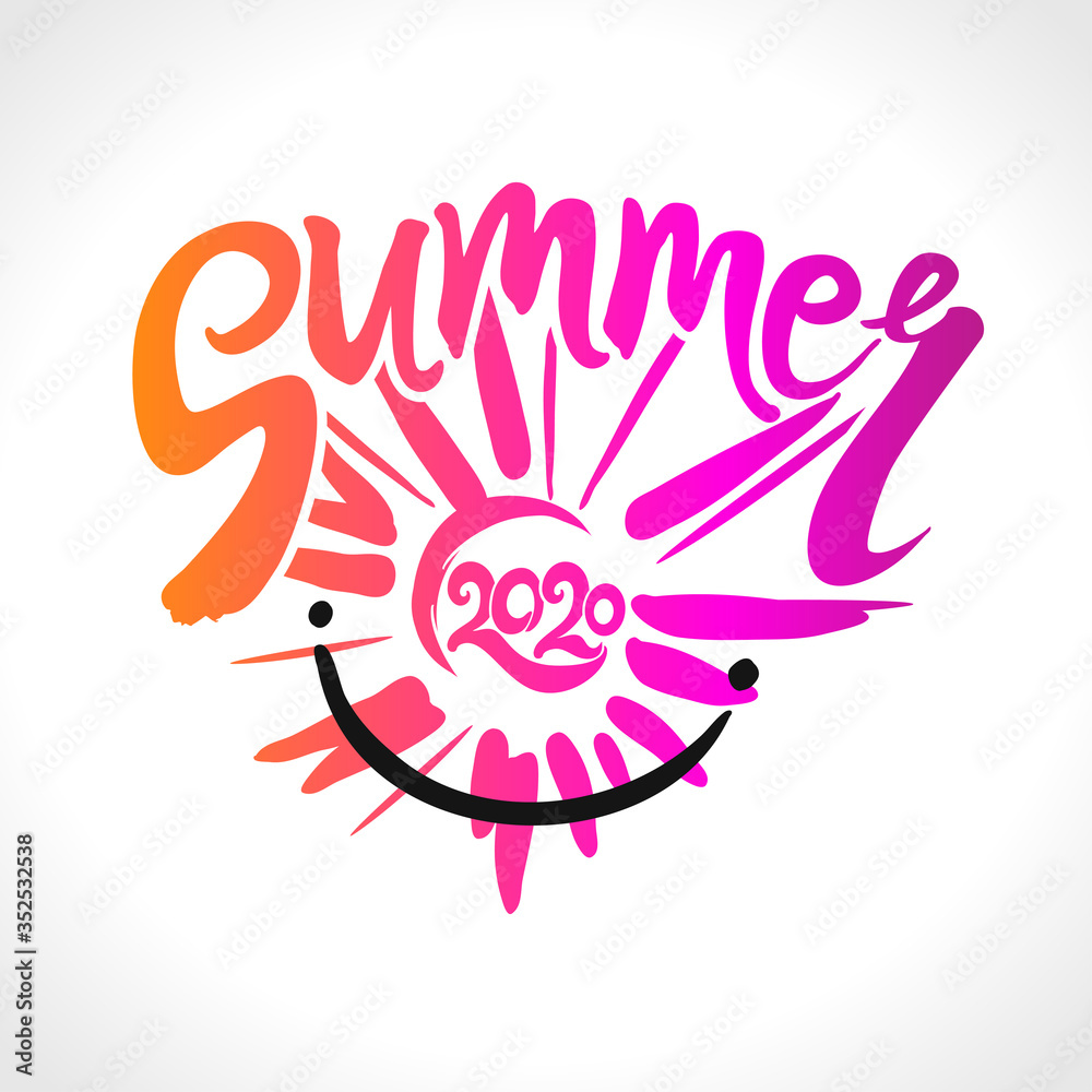 Obraz premium Vector yellow card Summer 2020. Rays of the sun, an handwritten calligraphy design. Stylish seasonal logo Summer.