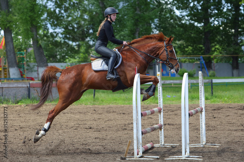 Girl in equestrian uniform on horseback jumping hurdle obstacle  © horsemen