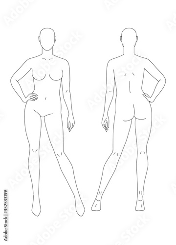 Sketch of a full female body. Front and back view. The position of the hand at the waist. Female body template for drawing clothes. You can print and draw directly on sketches. Fashion Illustration.