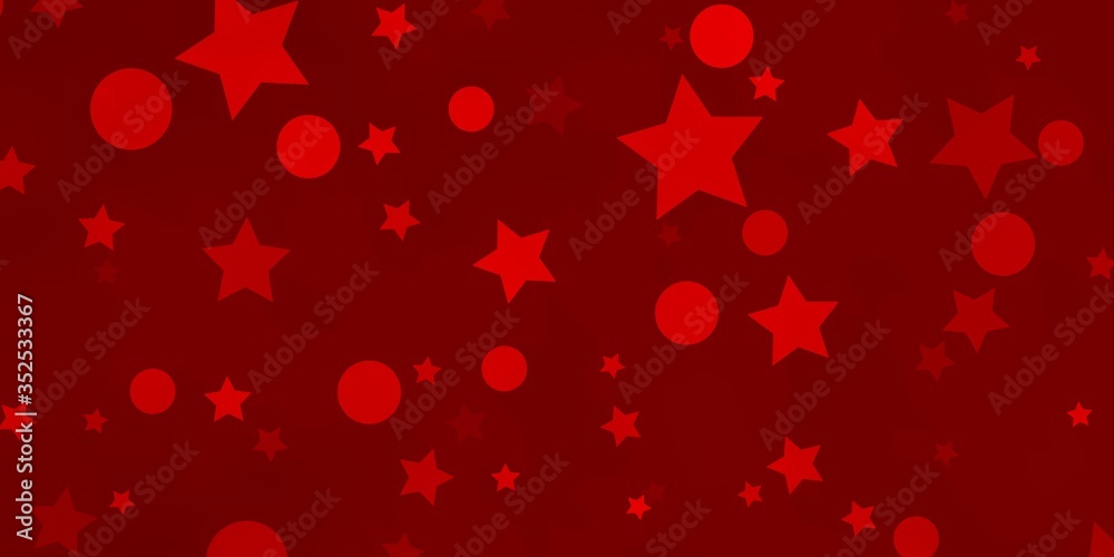 Light Red vector background with circles, stars. Glitter abstract illustration with colorful drops, stars. Design for wallpaper, fabric makers.