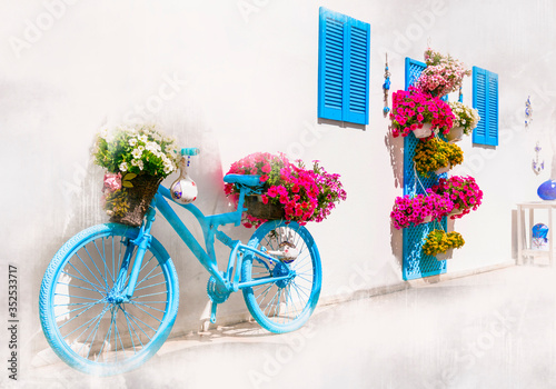 Fototapeta Naklejka Na Ścianę i Meble -  Charming bar and street decoration design in retro style with old bicycle and flowers. Floral bike decor