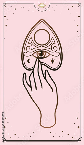 Tarot cards Bohemian hand Planchette Ouija, which consists of the image of the eyes of Providence. Magic, esoteric philosophy, tattoo. Isolated vector illustration.
