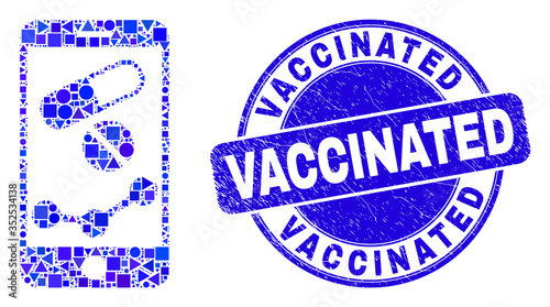 Geometric mobile pharmacy chart mosaic pictogram and Vaccinated stamp. Blue vector rounded textured seal stamp with Vaccinated message. Abstract mosaic of mobile pharmacy chart created of circle,