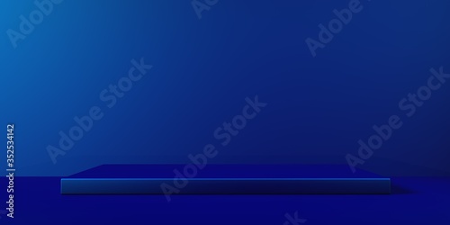 Espositore vuoto blu su fondo blu, podio o piedistallo per esposizione prodotti, base con sfondo vuoto, Rendering 3D, visione frontale