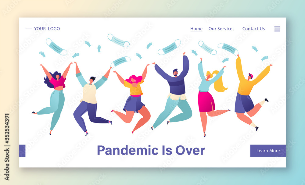 End of Covid-19 pandemic, quarantine completion concept for landing page. Template for website or web page with joyful happy people jump and have fun, throw away masks and gloves. End of Covid-19 pandemic, quarantine completion concept for landing page. Template for website or web page with joyful happy people jump and have fun, throw away masks and gloves.