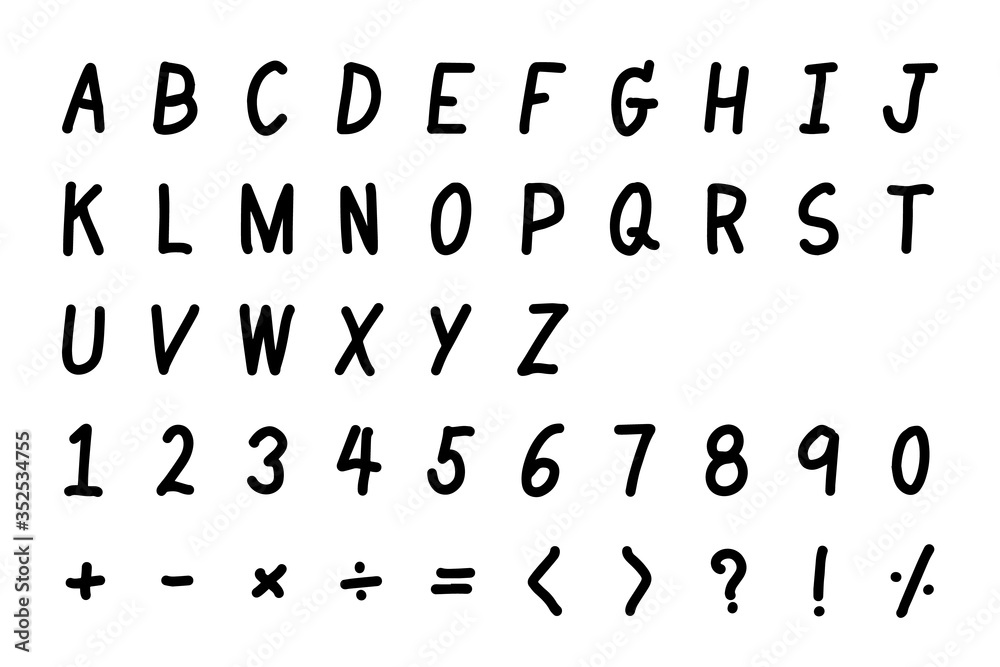 Black color hand writing font of upper case English alphabet, number 0 - 9 and mathematics symbol on white background Black color hand writing font of upper case English alphabet, number 0 - 9 and mathematics symbol on white background