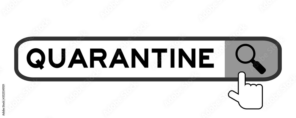 Search banner in word quarantine with hand over magnifier icon on white background Search banner in word quarantine with hand over magnifier icon on white background