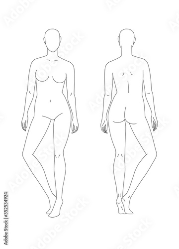 Sketch of a full female body. Front and back view. The position of the hands along the length of the body. You can print and draw directly on sketches. Fashion Illustration.