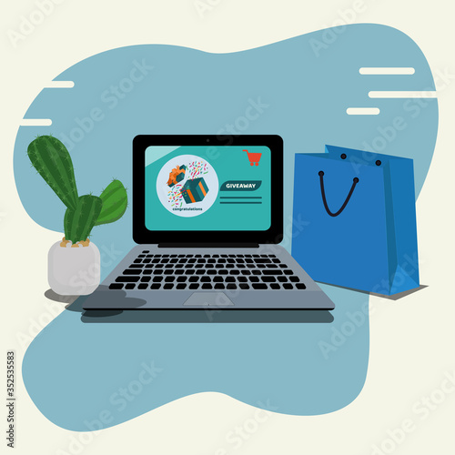 Opened Gift Box on screen of laptop, giveaway online shop concept vector illustration