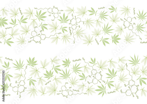 Cannabis leaves and cbd, cannabidiol formula seamless pattern, background. Vector illustration in green colors. Isolated on white background.