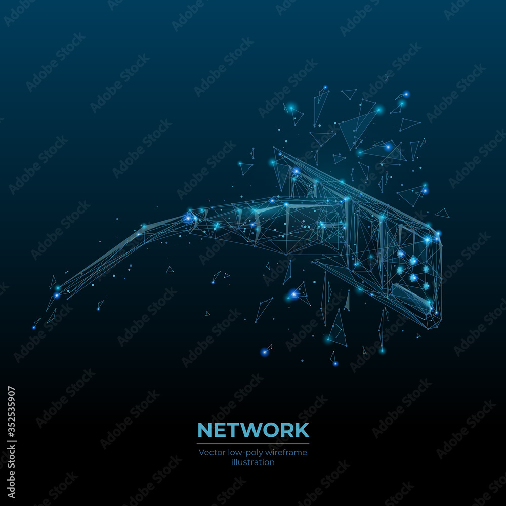 Low poly 3d ethernet cable connected in network switch in dark blue ...