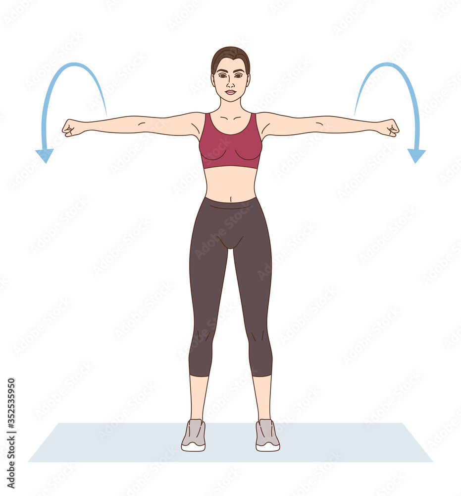 A woman is doing sports exercises. Raised arm circles. Workout for ...